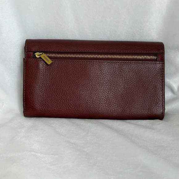 Fossil Blake Flap Wallet Henna Brown Tortoise Shell Long Trifold RFID Snap - Picture 2 of 9